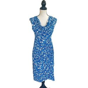 Maggy London sleeveless blue white printed wrap sheath 
dress cowl neck size 6